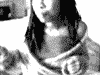 Tiny grainy black-and-white webcam frame of a woman with long dark hair caught mid-motion, dancing in her chair