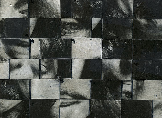 Photo-weave collage: a black-and-white portrait cut into small rectangles and rewoven, scattering eyes, lips, and hair across the grid