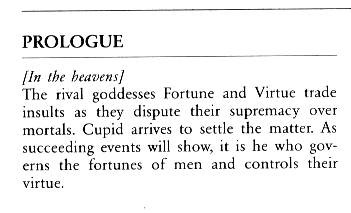 Scanned opera synopsis, the prologue of L'incoronazione di Poppea: Fortune and Virtue dispute supremacy until Cupid arrives to settle the matter