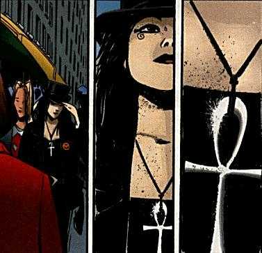 Comic panels of Death from Neil Gaiman's Sandman: the pale girl in black, ankh at her throat, moving through a crowded street
