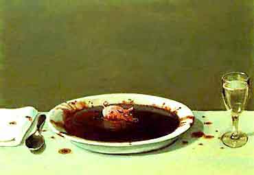 Painting of a grim place setting: a small head surfacing from a plate of dark soup, spoon, napkin, and a glass of pale wine on white linen