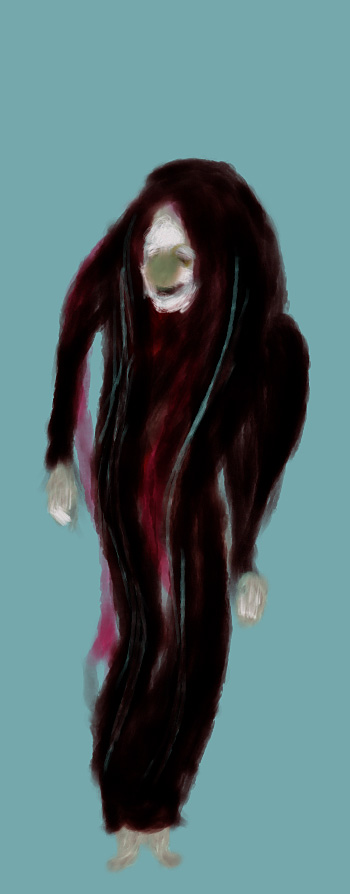 Digital painting on teal: a gaunt pale-faced figure bowed forward, wrapped head to foot in long dark red-streaked hair, bare hands and feet showing