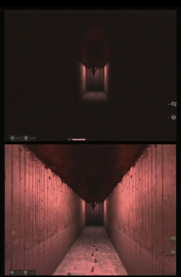 Two dim screenshots from the horror shooter F.E.A.R.: a red corridor with clotted dark ceiling, a small figure at its end and bare footprints down the tiles
