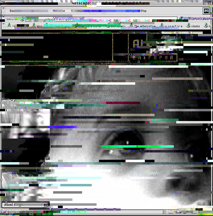 Glitched Netscape window on entropy8.com: a black-and-white close-up of a woman's face shredded by horizontal bands of corruption