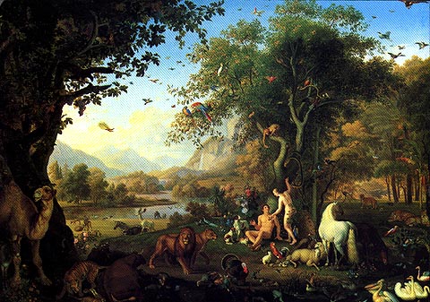Wenzel Peter's Adam and Eve in the Garden of Eden: the first couple beneath the tree among lions, camels, horses, swans, and hundreds of birds