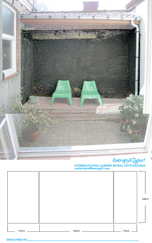 Entropy8Zuper International Garden Mural Invitational template: a courtyard with a sooty black wall and two green plastic chairs, above a blank measured mural diagram