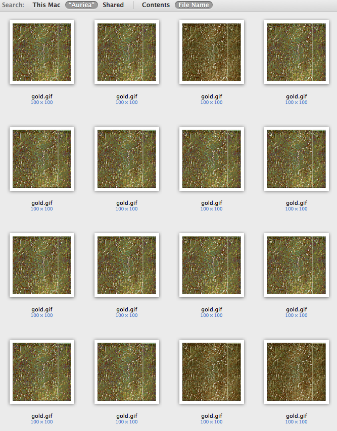 Mac Finder search grid: sixteen identical copies of gold.gif, small square tiles of mottled gold texture