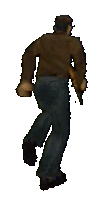Small cut-out sprite of a low-poly man in brown jacket and jeans running away, seen from behind — Harry Mason of Silent Hill