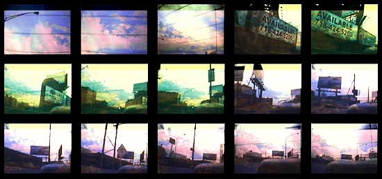 Grid of fifteen video frames shot along a highway: billboards reading Available, poles and power lines under a hand-tinted pastel sky