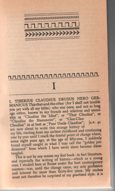 First page of Robert Graves's I, Claudius: Claudius introduces himself and his nicknames — the Idiot, the Stammerer, Clau-Clau-Claudius — under a Greek key ornament