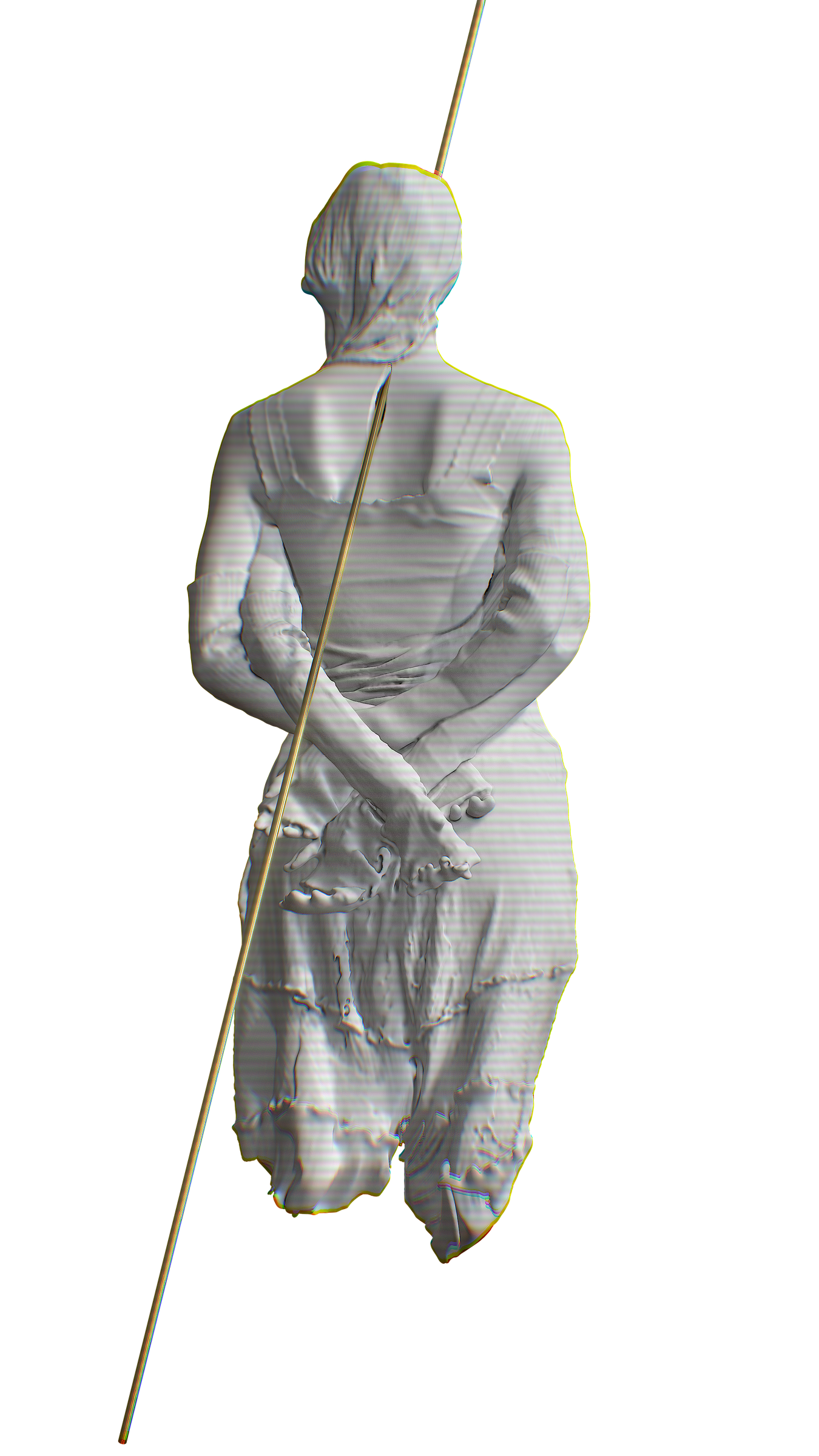 A three-dimensional digital sculpture of a standing female figure rendered in pale gray and white, viewed from behind with arms crossed, a long staff or pole extending vertically through the composition from head to toe. The figure wears flowing, draped clothing with horizontal scan lines and pixelated artifacts visible across the surface, suggesting a 3D model or point cloud visualization. A three-dimensional digital sculpture of a standing female figure rendered in pale gray and white, viewed from behind with arms crossed, a long staff or pole extending vertically through the composition from head to toe. The figure wears flowing, draped clothing with horizontal scan lines and pixelated artifacts visible across the surface, suggesting a 3D model or point cloud visualization.