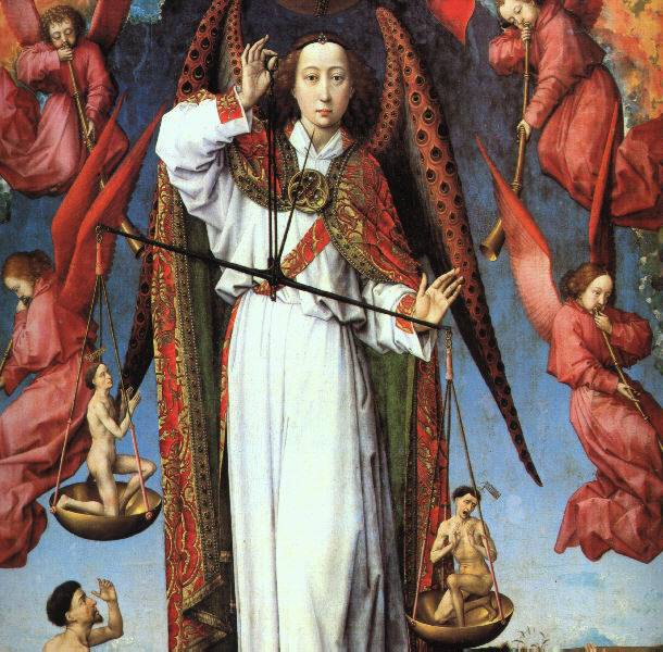 Rogier van der Weyden's Beaune Last Judgment, centre panel: the archangel Michael in white weighs two small souls while red angels sound trumpets