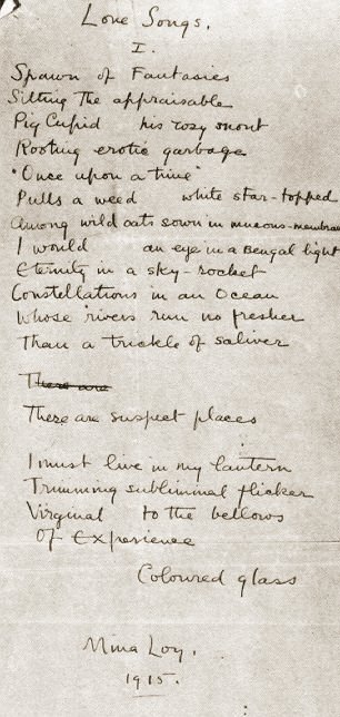 Mina Loy's Love Songs in manuscript, 1915: the poem beginning Spawn of Fantasies in a looping hand, signed and dated