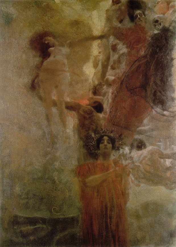 Gustav Klimt's Medicine: Hygieia in red and gold at the base of a drifting column of entangled nude figures, a skull among them