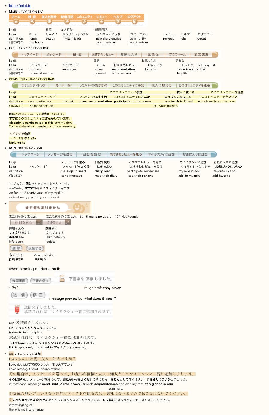 Annotated guide to the Japanese social network mixi: orange navigation bars broken down row by row into kanji, kana, and English definitions