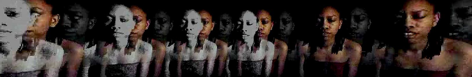 Long strip of overlapping webcam frames: a woman with braids, bare shouldered and eyes lowered, repeating and dissolving along a dark band