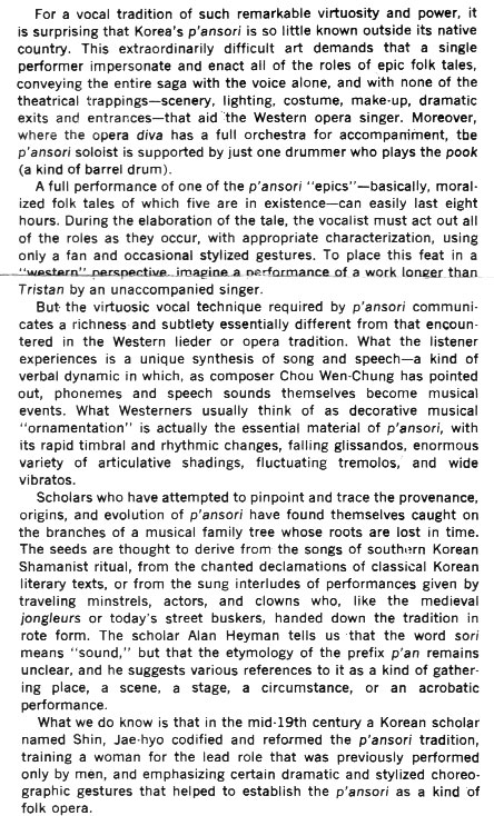 Printed page on Korean p'ansori: a single singer and one drummer enacting entire epic folk tales, eight hours of song, speech, and stylized gesture