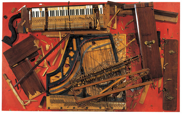 Arman's Chopin's Waterloo: a grand piano smashed and splayed across a red panel, keys, hammers, and strings fixed where they burst
