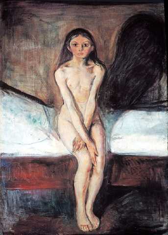 Edvard Munch's Puberty: a naked adolescent girl sits on the edge of her bed, arms crossed over her lap, a heavy shadow looming beside her