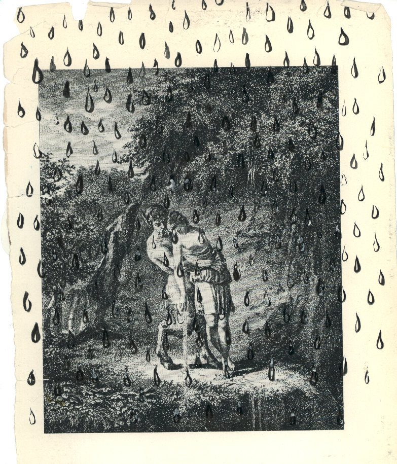 An old engraving of two figures embracing beneath a rocky overhang, overpainted with ranks of falling black teardrops that spill past its margins