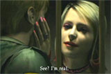 Still from Silent Hill 2: Maria leans close behind the cell bars, subtitle reading See? I'm real.