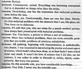 Page from Cabanne's Dialogues with Marcel Duchamp: painting had become retinal — few ideas, mostly technical problems, all painting since Impressionism antiscientific