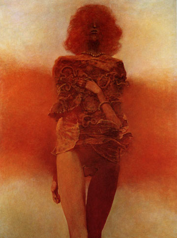 Beksiński painting: a figure with wild red hair and bared teeth, pearls at the throat, wrapped in a rotting ornate garment amid an orange haze
