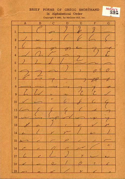 Card of brief forms of Gregg shorthand in alphabetical order, 1963: a ruled grid of curling pen strokes, a McKay's price sticker in the corner Card of brief forms of Gregg shorthand in alphabetical order, 1963: a ruled grid of curling pen strokes, a McKay's price sticker in the corner