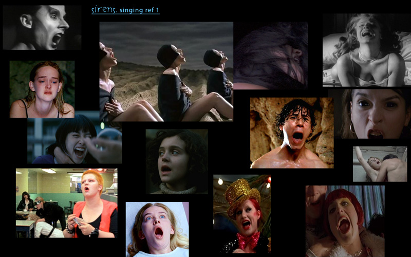 Reference collage titled sirens, singing ref 1: film stills of women mid-scream and mid-song — wailing on beds, in cafeterias, in glitter crowns