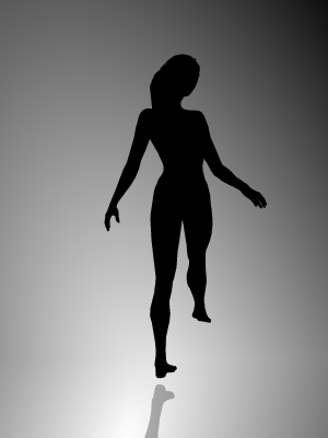 Black silhouette of a woman drifting mid-turn against a grey gradient, a faint reflection under her feet