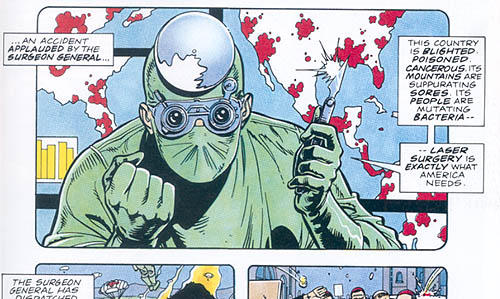 Comic panel: a goggled surgeon in green scrubs brandishes instruments before a blood-spattered map of America, ranting that laser surgery is what the country needs