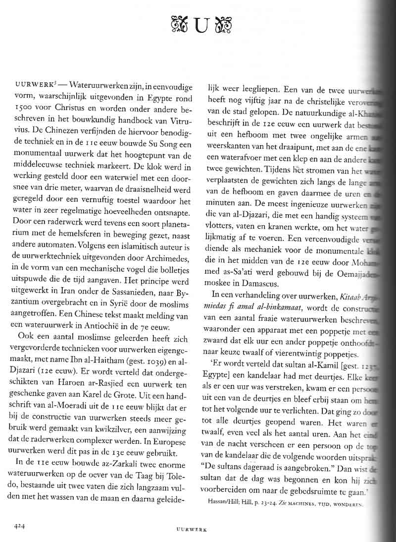 Page from a Dutch lexicon under U, Uurwerk: water clocks from Egypt and Vitruvius through Su Song and al-Jazari, ending on sultan al-Kamil's candle clock of twelve doors