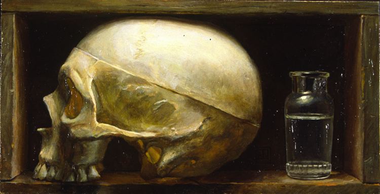 Still-life painting: a human skull in profile shelved inside a rough wooden box beside a small glass bottle of clear water