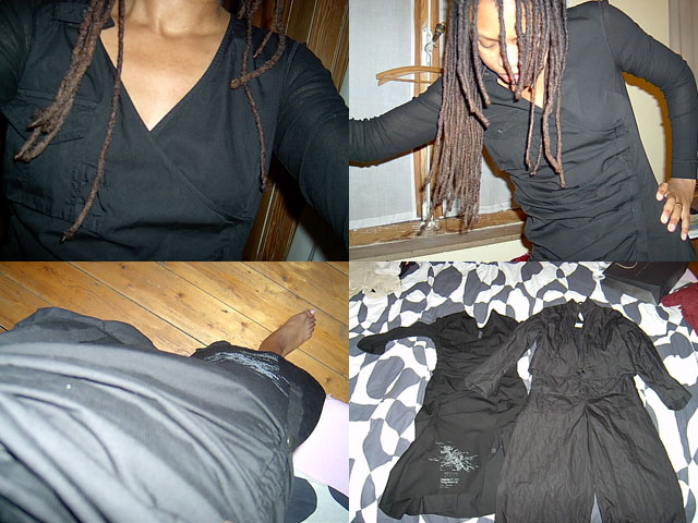 Four photos of black garments: a wrap top worn with long locs, a dancing blur, a sleeper under a black coat, and two coats laid out on a patterned bed