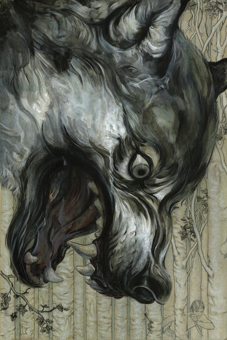 Painting of a huge grey wolf's head hanging upside down among pale birch trunks, jaws open, while a small child covers their face below