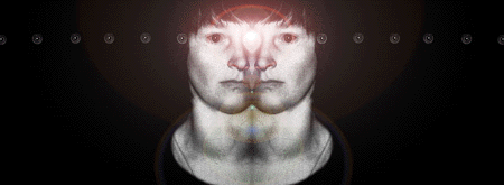 Mirrored double portrait: a pale face with dark fringe doubled nose to nose, a point of light burning between the eyes over a band of ringed dots